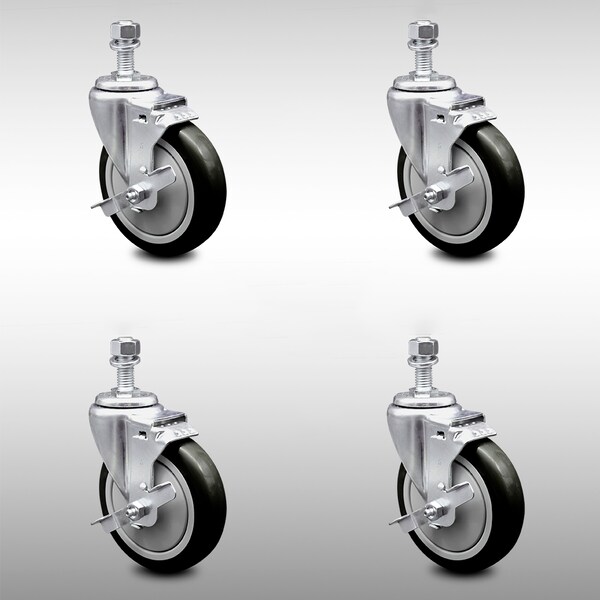 Service Caster 5 Inch SS Black Polyurethane Wheel Swivel 1/2 Inch Threaded Stem Caster Set Brake SCC-SSTS20S514-PPUB-BLK-TLB-121315-4 - main